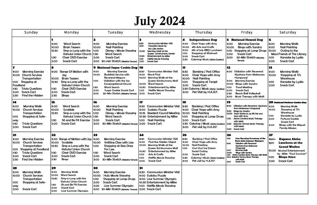 July 2024 Calendar | Roselani Place