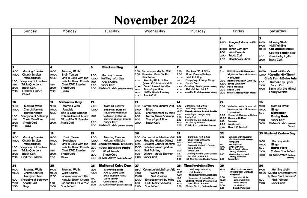 Roselani Place | November Calendar