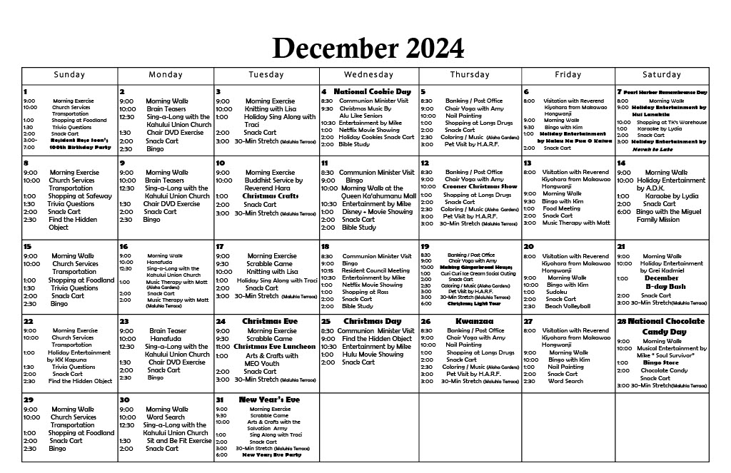 December 2024 Calendar | Roselani Place