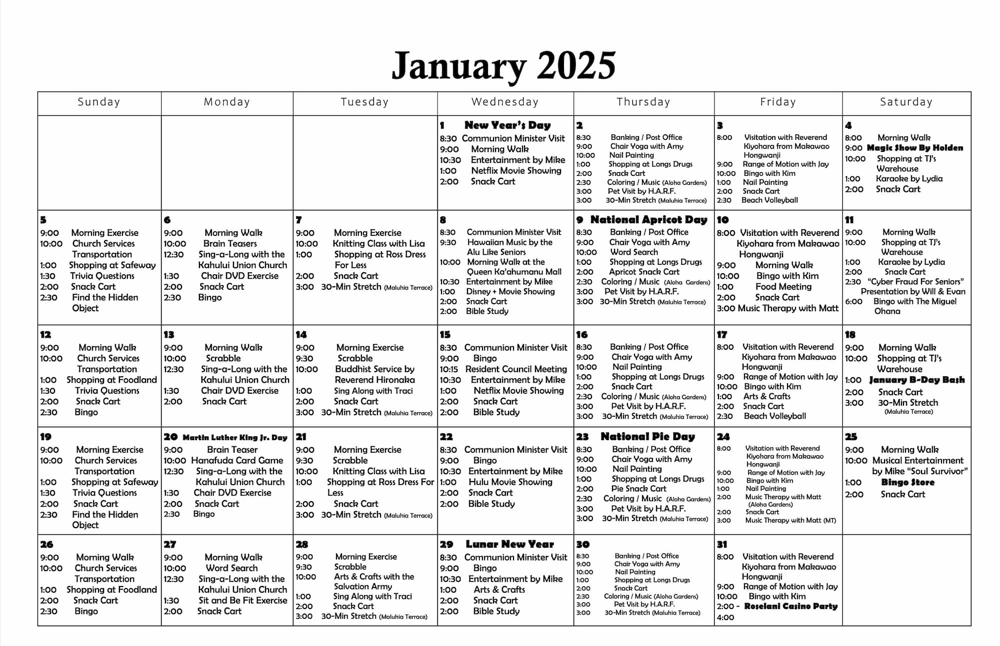 Roselani Place | January 2025 Calendar