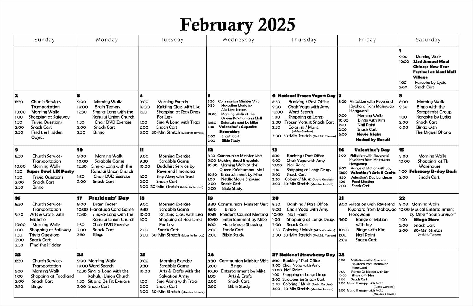 Roselani Place | February 2025 Calendar